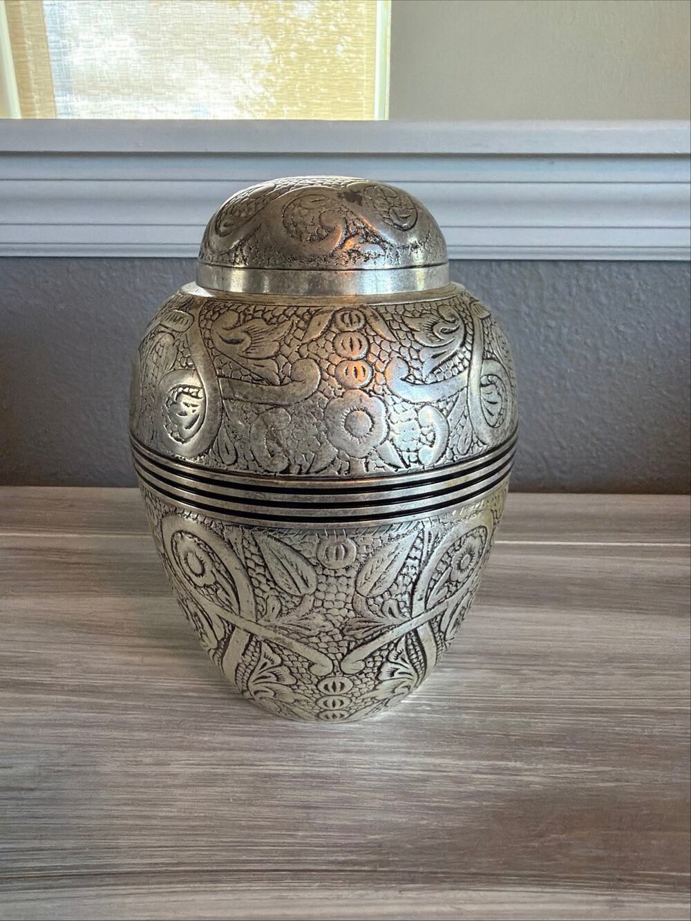Silver Embossed Pet Urn Pre-Owned Approx 7” Tall